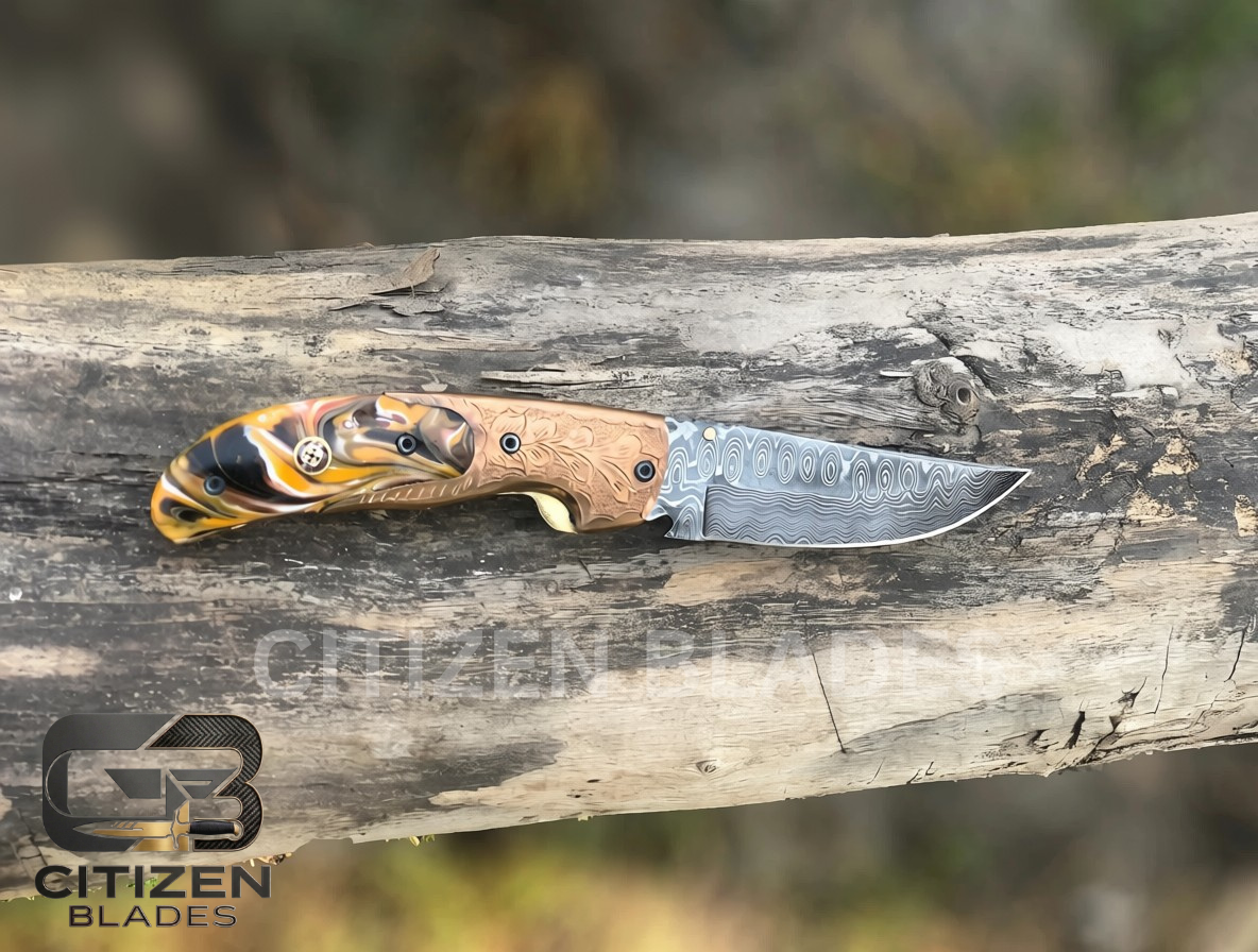 Handmade Damascus Folding Pocket Knife With Small Defects 6.5"