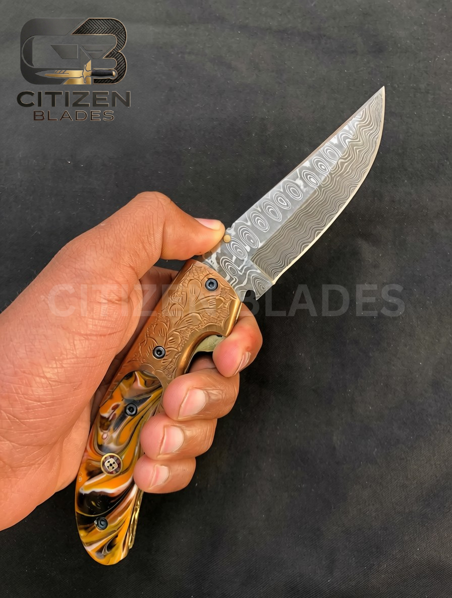 Handmade Damascus Folding Pocket Knife With Small Defects 6.5"