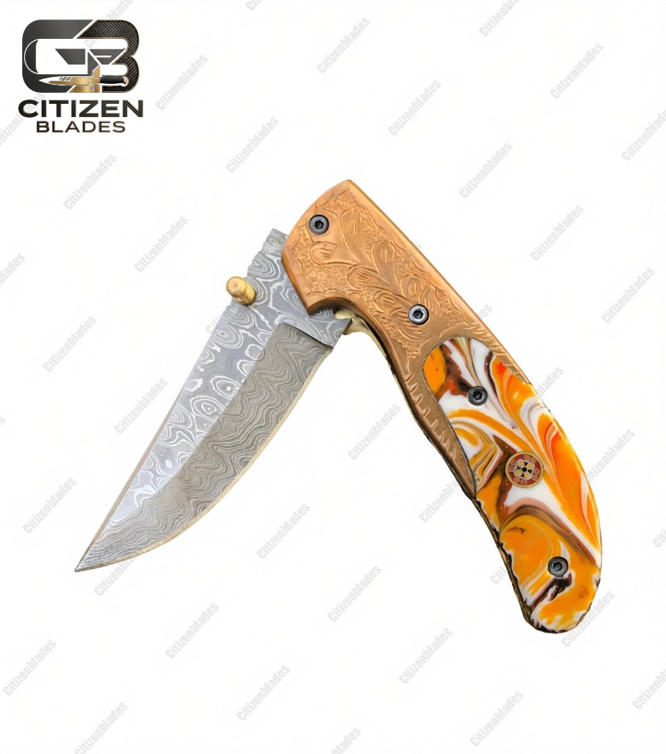 Handmade Damascus Folding Pocket Knife With Small Defects 6.5"