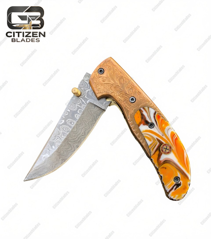 Handmade Damascus Folding Pocket Knife With Small Defects 6.5"