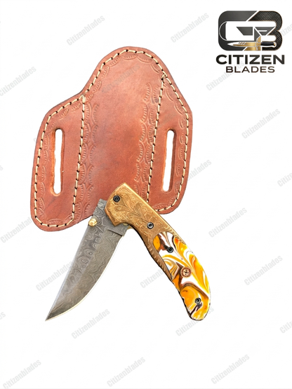 Handmade Damascus Folding Pocket Knife With Small Defects 6.5"