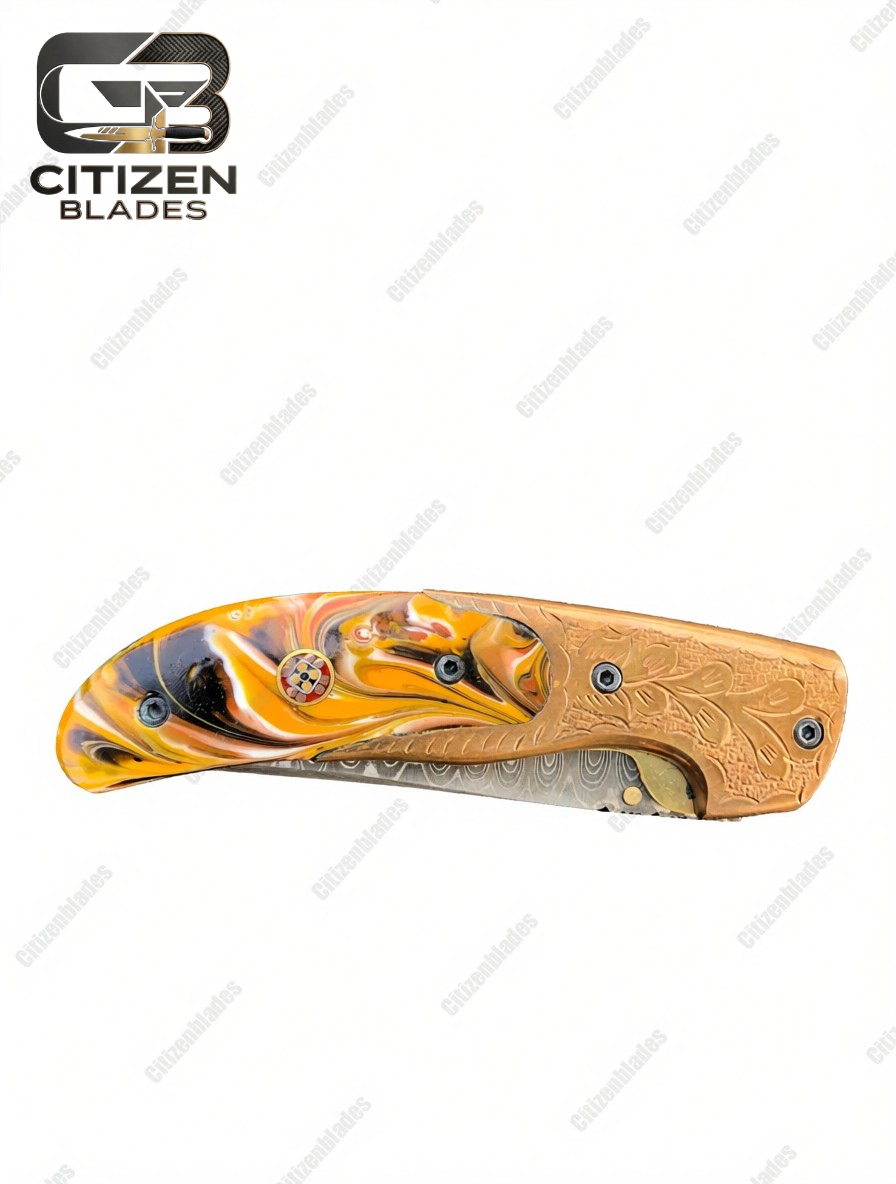 Handmade Damascus Folding Pocket Knife With Small Defects 6.5"