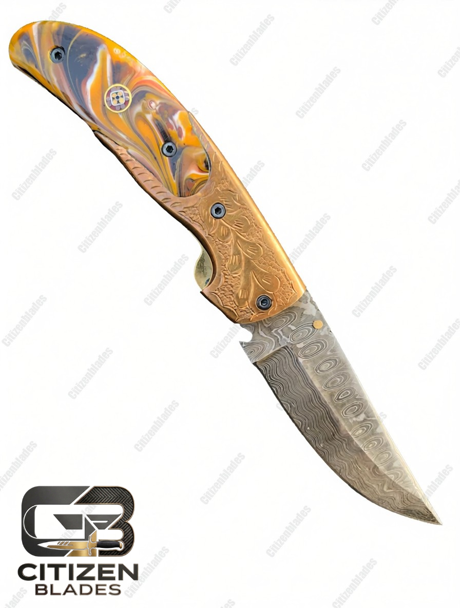 Handmade Damascus Folding Pocket Knife With Small Defects 6.5"