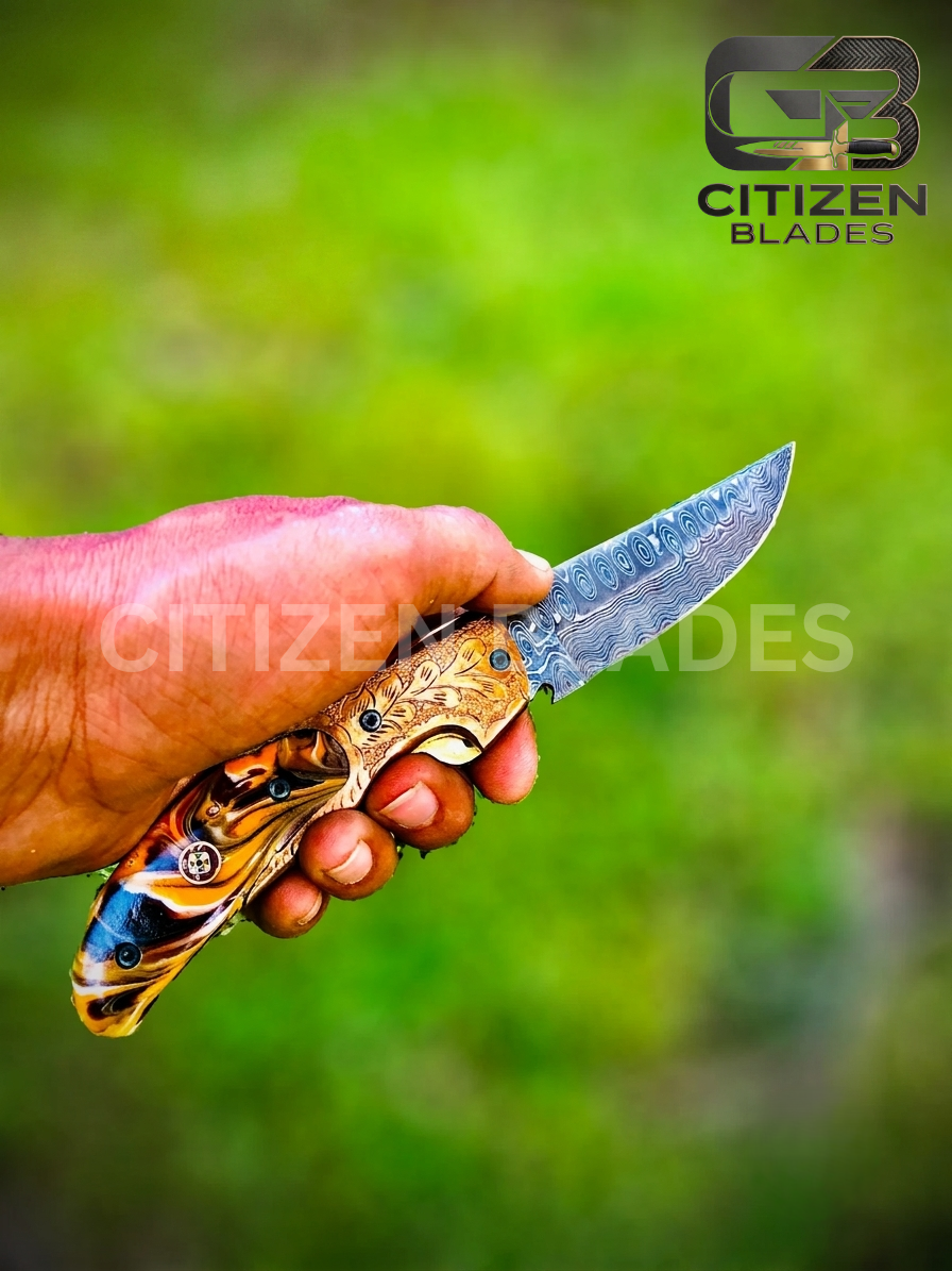 Handmade Damascus Folding Pocket Knife With Small Defects 6.5"