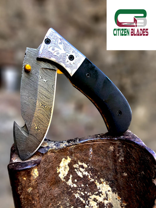 Damascus Folding Pocket Knife With Small Defects Handmade