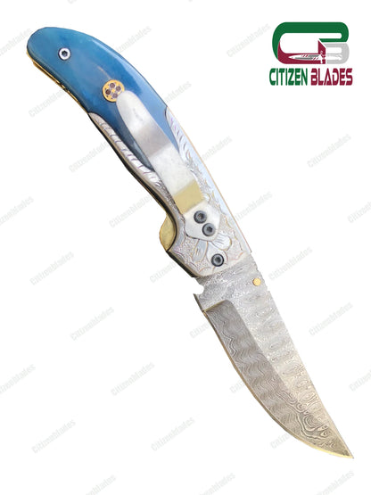 Couteau de poche pliant en acier de Damas fait main sur mesure / Chasse / Camping EDC