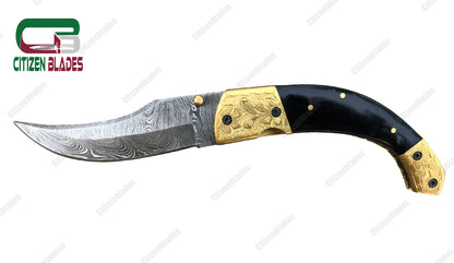 Handmade Damascus Folding Pocket Knife With Small Defects 6.5"