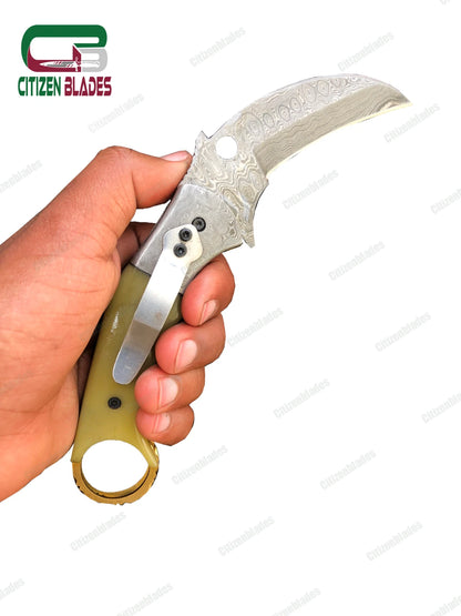 Couteau de poche pliant en acier de Damas fait main sur mesure / Chasse / Camping EDC