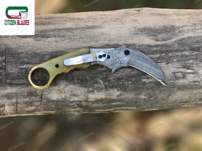 Couteau de poche pliant en acier de Damas fait main sur mesure / Chasse / Camping EDC