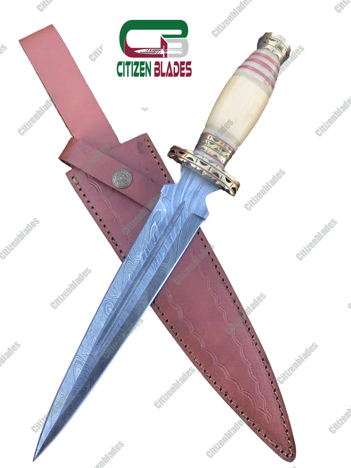 Couteau de chasse en acier damas fait main, personnalisé, manche en bois coloré et os. États-Unis