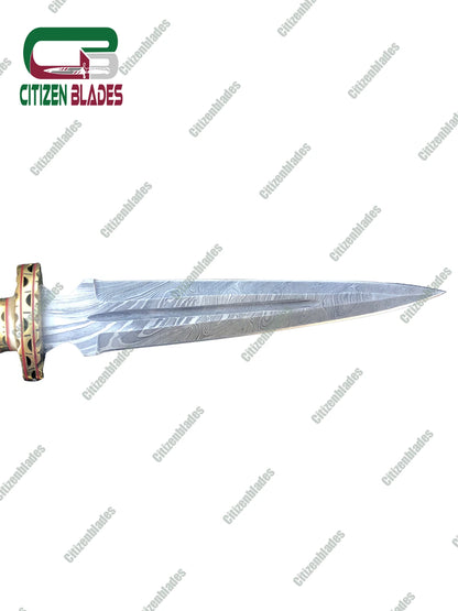 Couteau de chasse en acier damas fait main, personnalisé, manche en bois coloré et os. États-Unis