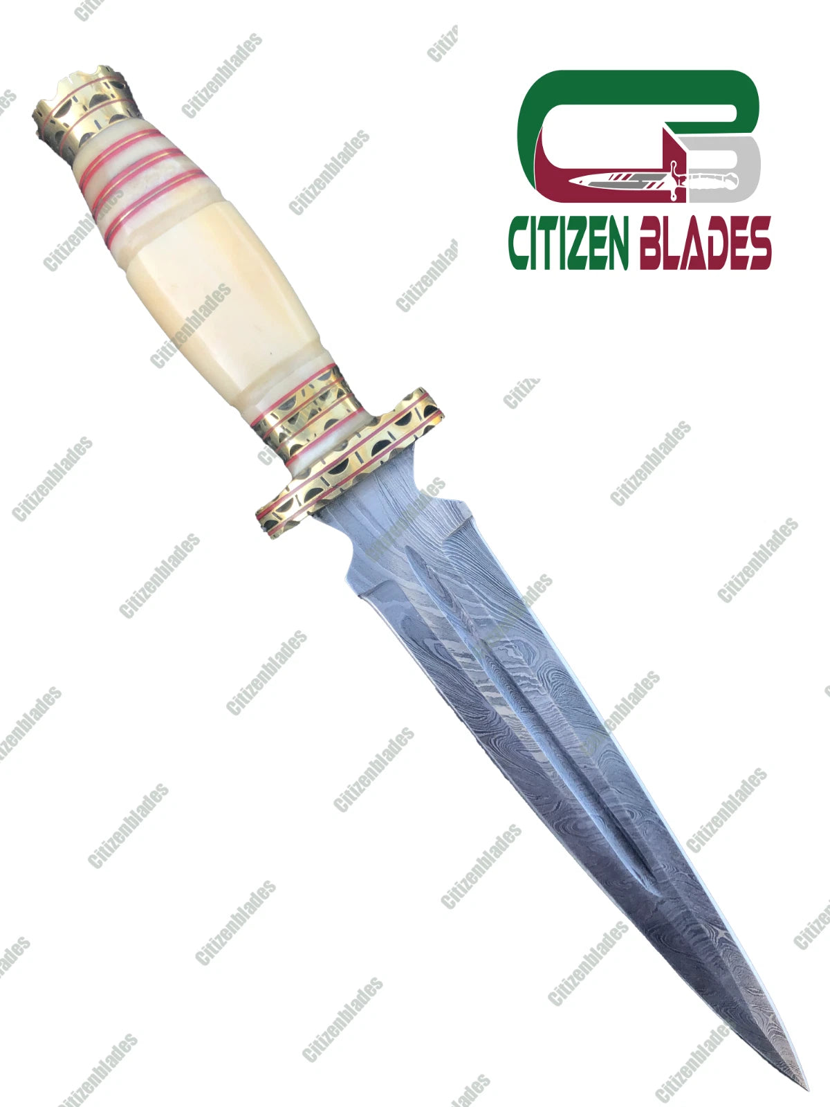 Couteau de chasse en acier damas fait main, personnalisé, manche en bois coloré et os. États-Unis