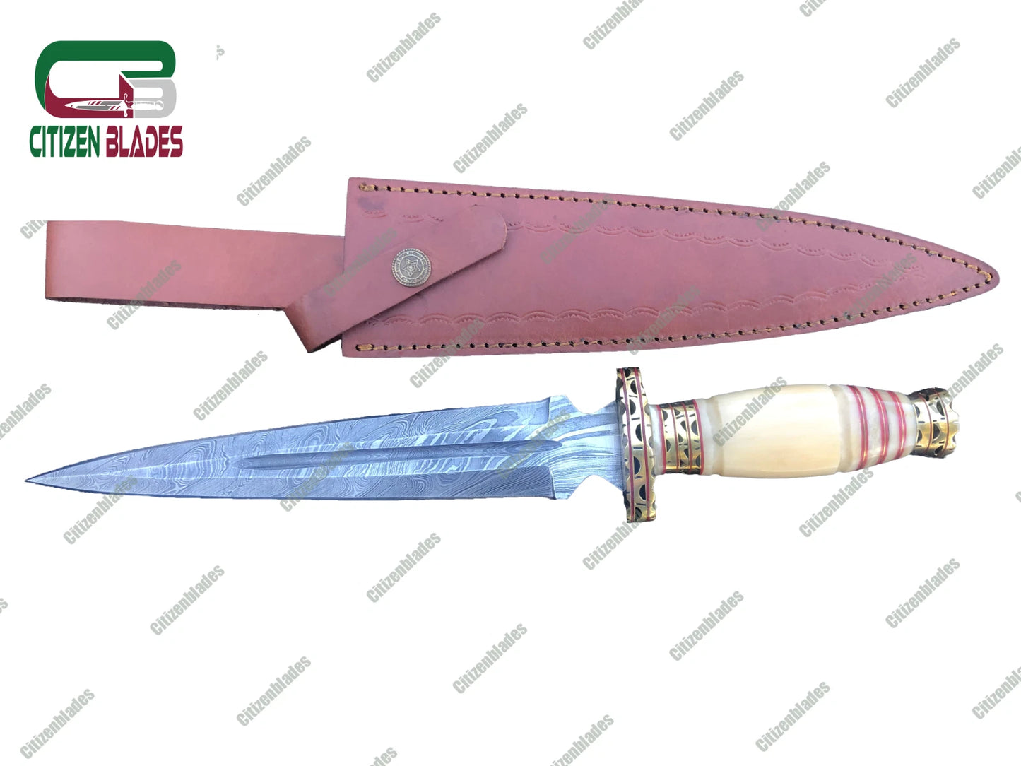 Couteau de chasse en acier damas fait main, personnalisé, manche en bois coloré et os. États-Unis