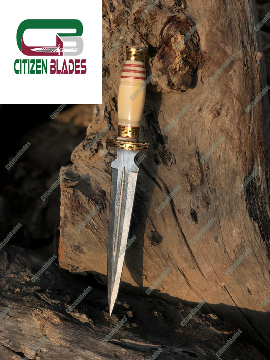 Custom Handmade Damascus Steel Hunting Knife, colored wood with bone Handle. US