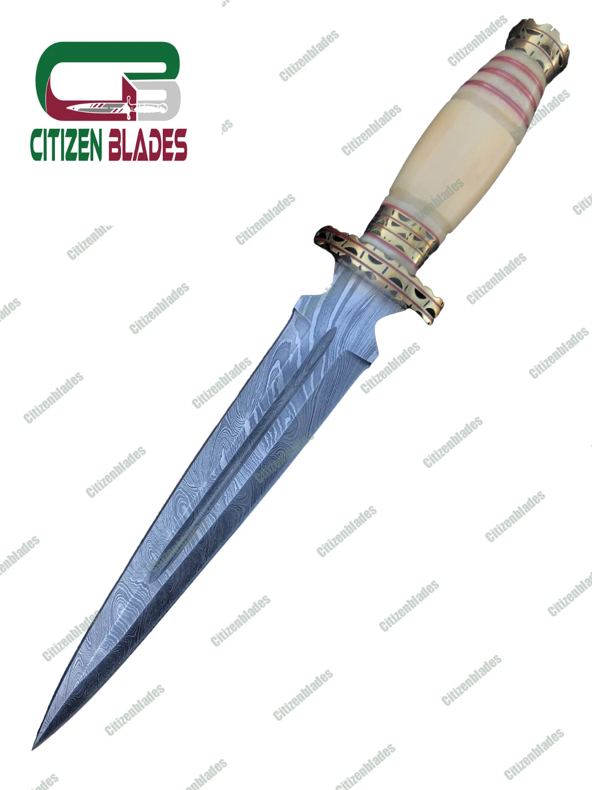 Couteau de chasse en acier damas fait main, personnalisé, manche en bois coloré et os. États-Unis