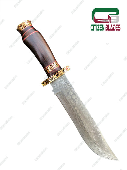 Custom Handmade Damascus steel hunting knife. wooden handle and brass spacer. US