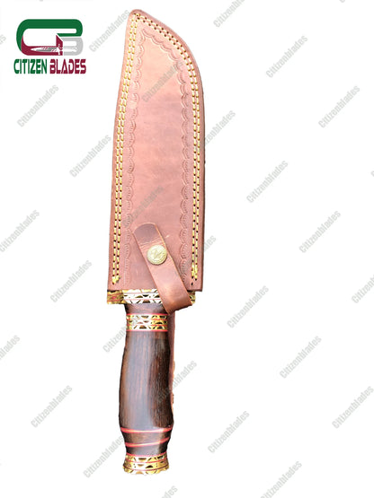 Custom Handmade Damascus steel hunting knife. wooden handle and brass spacer. US