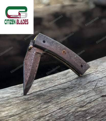 Handgemachtes Taschenmesser aus Damaststahl, Klappklinge / Jagd / Camping EDC