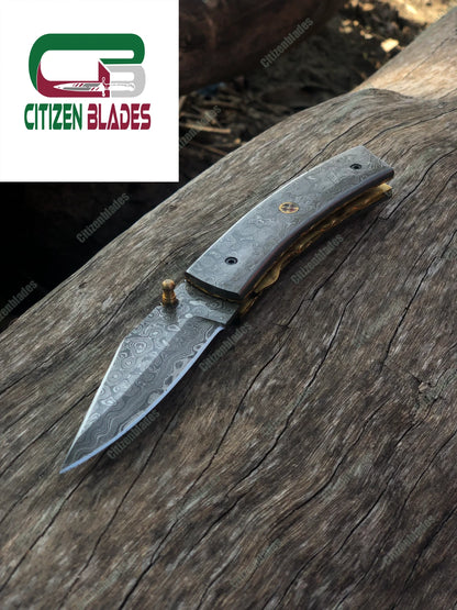 Handgemachtes Taschenmesser aus Damaststahl, Klappklinge / Jagd / Camping EDC