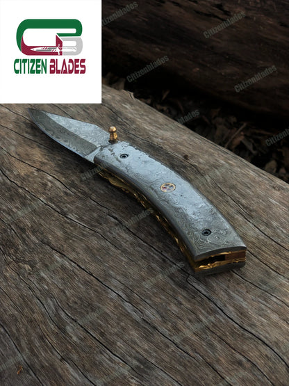 Handgemachtes Taschenmesser aus Damaststahl, Klappklinge / Jagd / Camping EDC