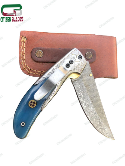 Couteau de poche pliant en acier de Damas fait main sur mesure / Chasse / Camping EDC